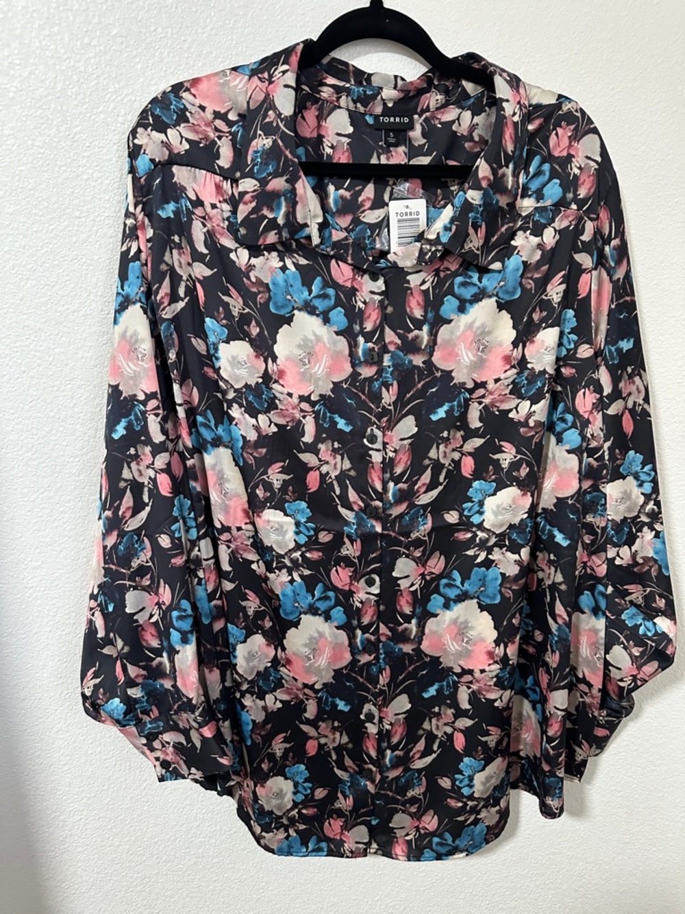 torrid Black Floral Button-Up Blouse with Pink & Blue Blooms